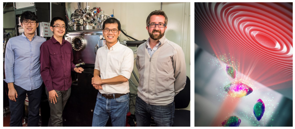 Pictured left to right: Jongwoo Lim, Yiyang Li, William Chueh (Stanford) and David Shapiro (LBL) at the Advanced Light Source beam line.